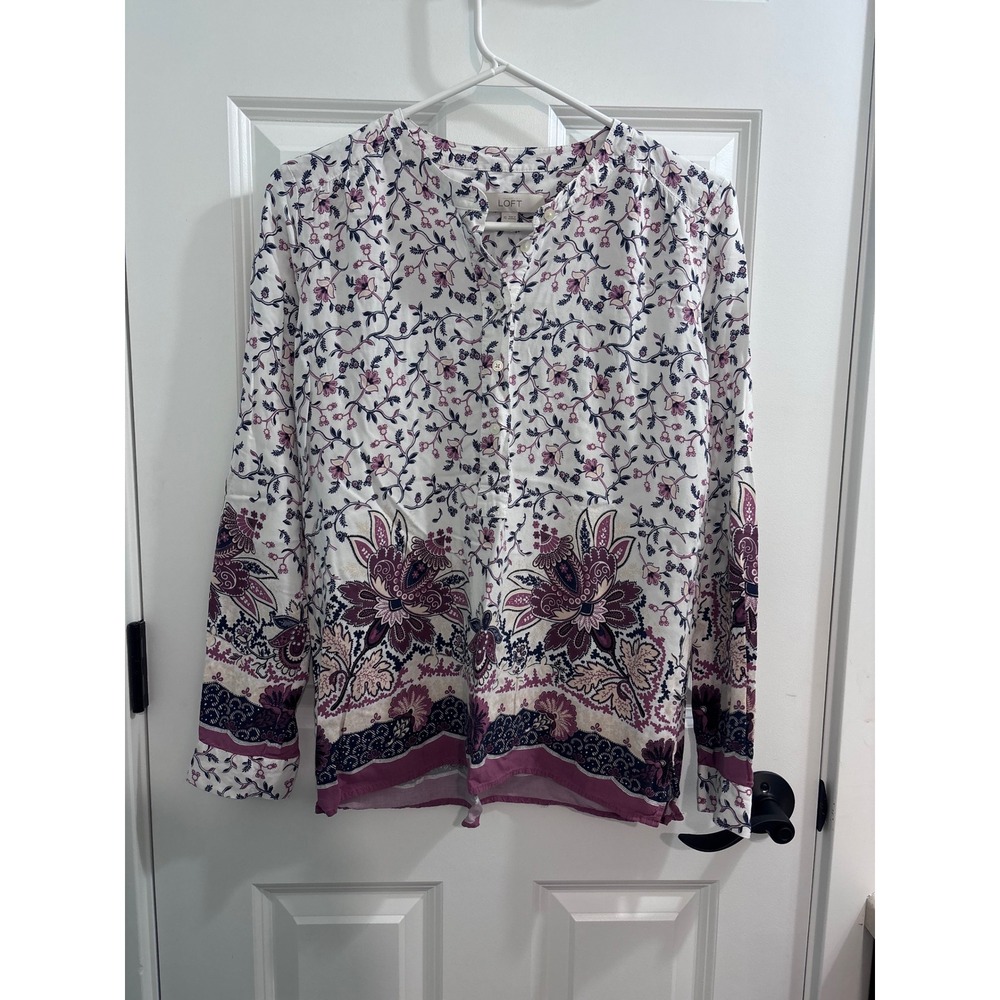 LOFT Ann Taylor Womens XS Floral Paisley Border Print Rayon Blouse Long Sleeve